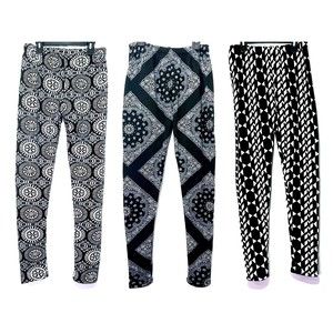 Set of 3 Soft Stretchy Black White Pattern Leggings Fleece-lined Cozy Warm M/L